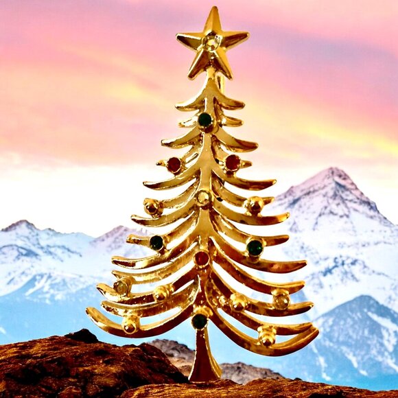 Tancer II Christmas Tree Brooch Vintage Signed Gold-tone Rhinestones - Picture 7 of 12